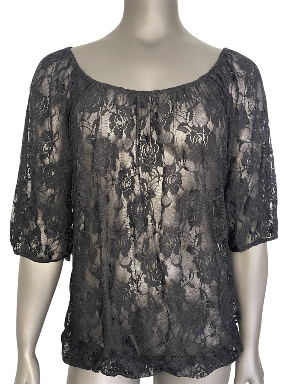 French Atmosphere Lace Top L Black Elastic Waist Sheer Puff Sleeve Peasant Sexy - Picture 1 of 13
